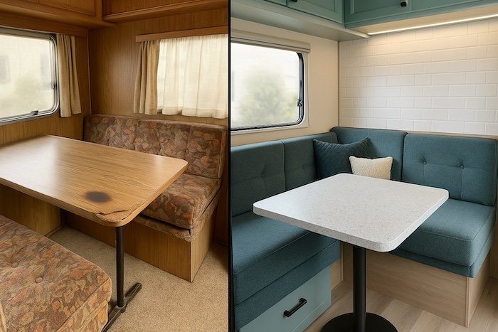 Before and after image of a dining table and seating replaced, including closing a window that is no longer needed.