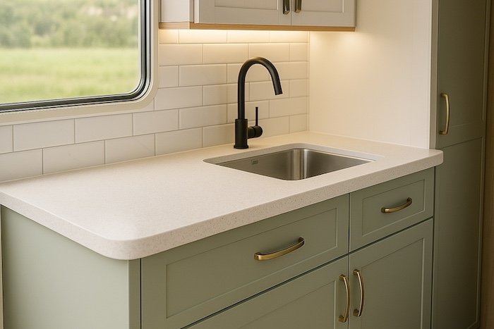 after renovated kitchen area with modern style and black goose-neck tap fittings