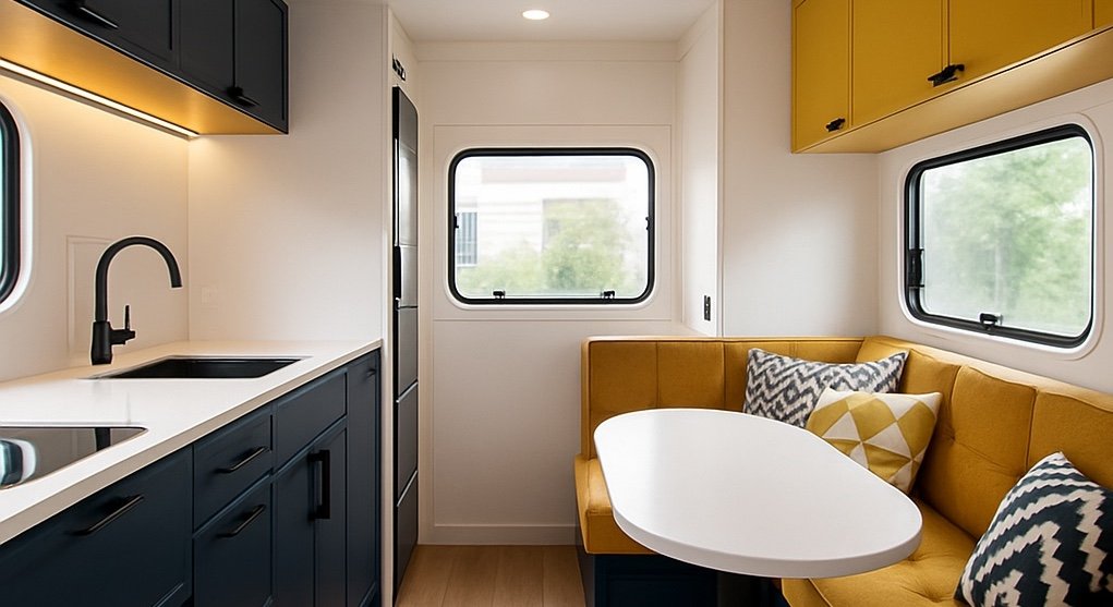 navy and mustard interior with modern fixtures and cabinetry