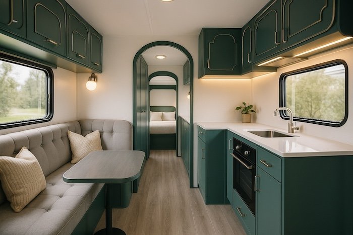 fully renovated caravan with olive decor and gold fixtures