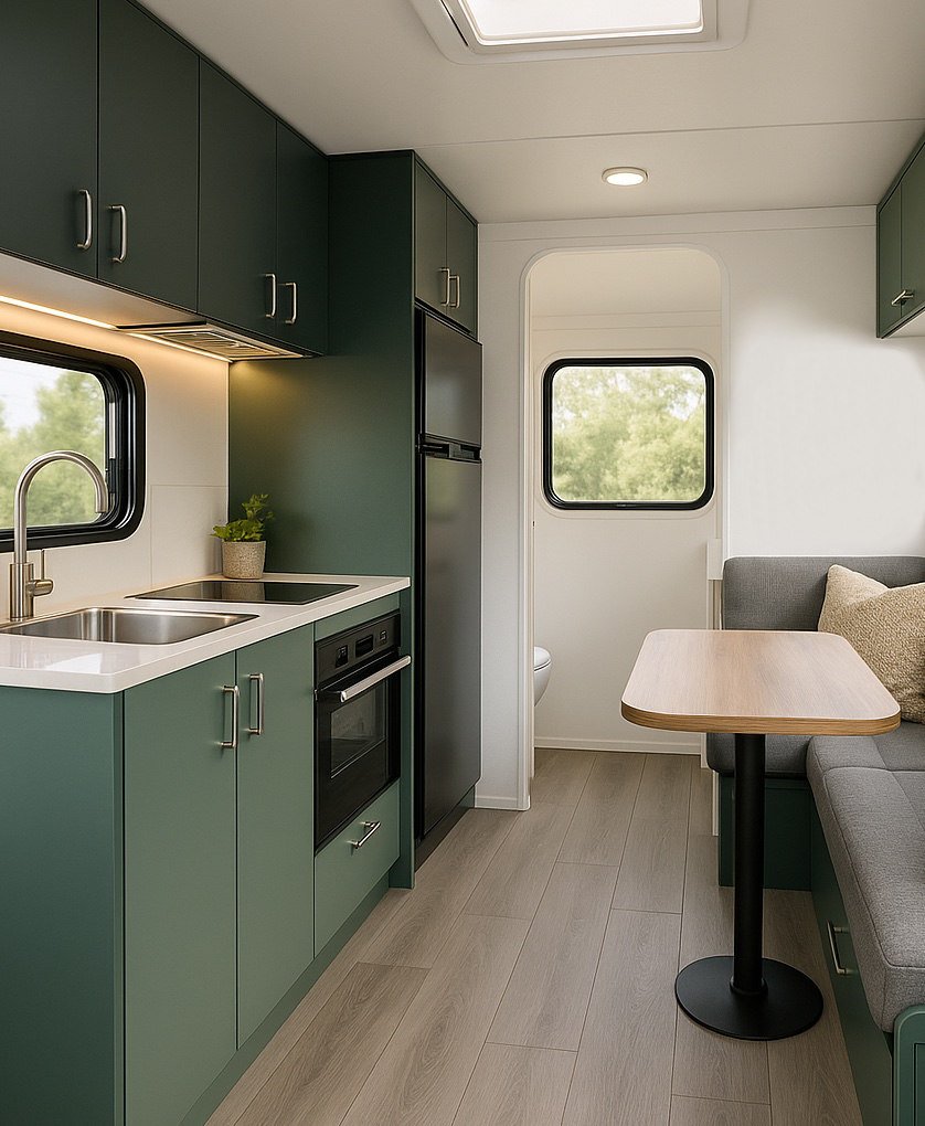 Upgraded caravant with sage and charcoal with natural wood colours
